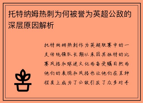 托特纳姆热刺为何被誉为英超公敌的深层原因解析