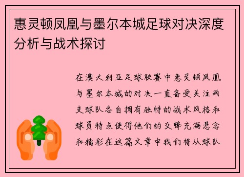 惠灵顿凤凰与墨尔本城足球对决深度分析与战术探讨